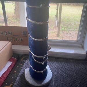 Vintage Silver and Blue Velvet Stirrup Stand & Three Sets of Stirrups